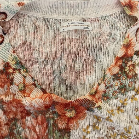 Anthropologie XS Knit Sweater Ivory Floral V-Neck Hi-Low Boho Pullover Top - Picture 5 of 16